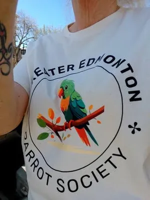 Imprint Now made gorgeous t-shirts for our parrot club printed on Natural colour Gildan Heavy t-shirts The shirt shown here is being worn by a club member at our spring cookout