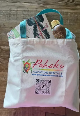Custom Natural Cotton Tote Bag - We give this tote bag with our logo and QR code to guests staying at the resort we manage They love having a bag to take to the beach that fits two large beach towels magazine sunscreen and room for snacks and sunglasses