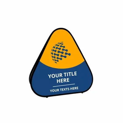 A triangular, pop-up banner stands with a blue and yellow design featuring placeholder text reading 'YOUR TITLE HERE' and 'YOUR TEXTS HERE' amidst a dotted swirl graphic.