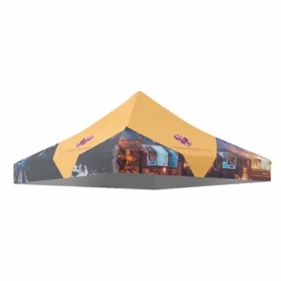Custom printed canopy tent with yellow and blue color scheme, featuring images and logos on its valance and peaks, likely used for promotional events or trade shows.