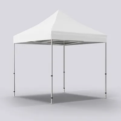 A white pop-up canopy tent with adjustable legs, standing idle, set against a neutral grey background.