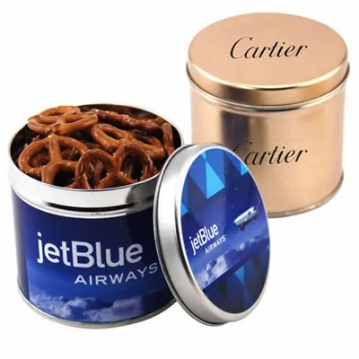 Round Tin with Mini Pretzels - Custom Coasters Now