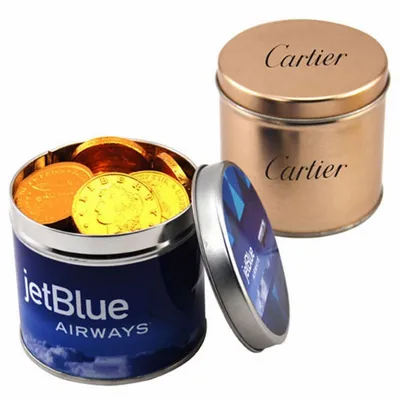 Round Tin with Chocolate Coins - Custom Coasters Now