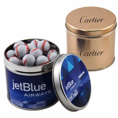 Round Tin with Chocolate Baseballs - SBF4100 - Custom Coasters Now