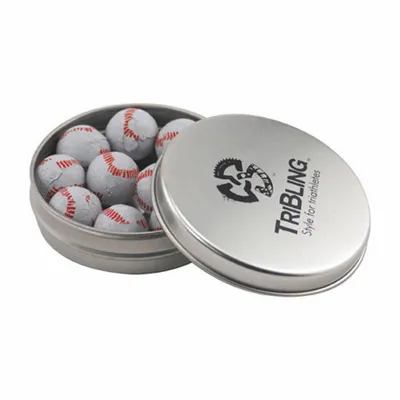 Round Tin with Chocolate Baseballs - SBF2900 - Custom Coasters Now