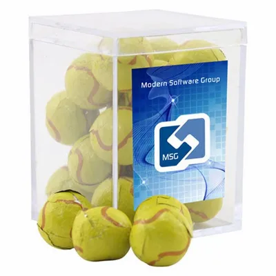 Acrylic Box with Chocolate Tennis Balls - Small - Custom Coasters Now