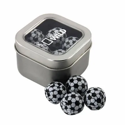 Window Tin with Chocolate Soccer Balls - SBF2500 - Custom Coasters Now
