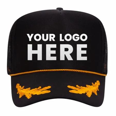 Otto 39-162 5-Panel High Crown Foam Trucker Hat - Black/Gold with Oak Leaves - Custom Coasters Now