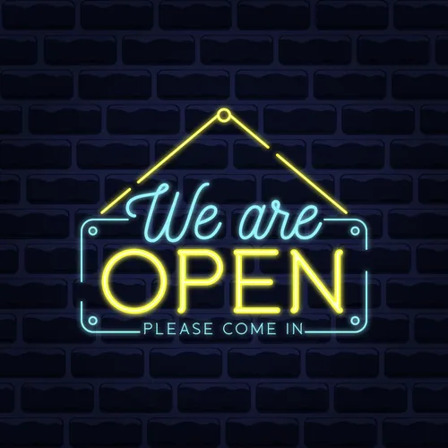 We Are Open Blue and Yellow Neon Sign - Custom Coasters Now