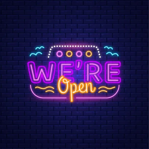We're Open with Wave Lines Neon Sign - Custom Coasters Now