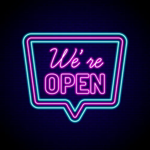 We're Open Neon Sign - Custom Coasters Now