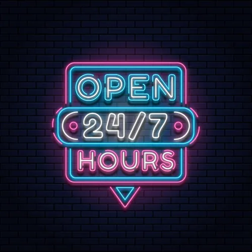 24/7 Open Hours Neon Sign - Custom Coasters Now