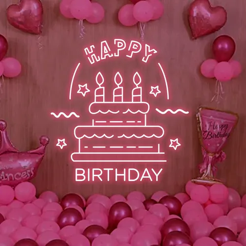 Big Happy Birthday Text with Cake Neon Sign - Custom Coasters Now