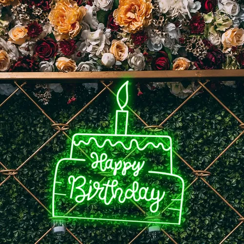 Happy Birthday Text in Big Cake Neon Sign - Custom Coasters Now