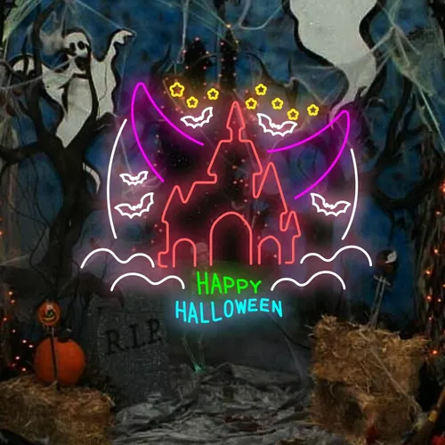 Happy Halloween Castle Neon Sign - Custom Coasters Now