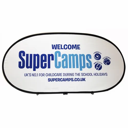 A horizontal pop-up banner featuring the text 'WELCOME SuperCamps UK's NO.1 FOR CHILDCARE DURING THE SCHOOL HOLIDAYS supercamps.co.uk' against a white background.