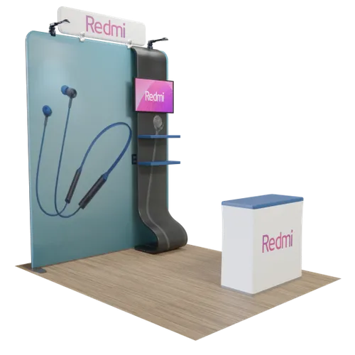 Custom Media Display with TV Stand Tension Fabric 8' x 8' - Custom Coasters Now