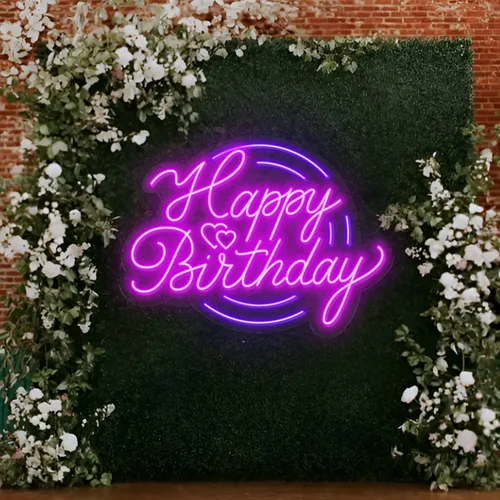 Happy Birthday Purplish Neon Sign - Custom Coasters Now