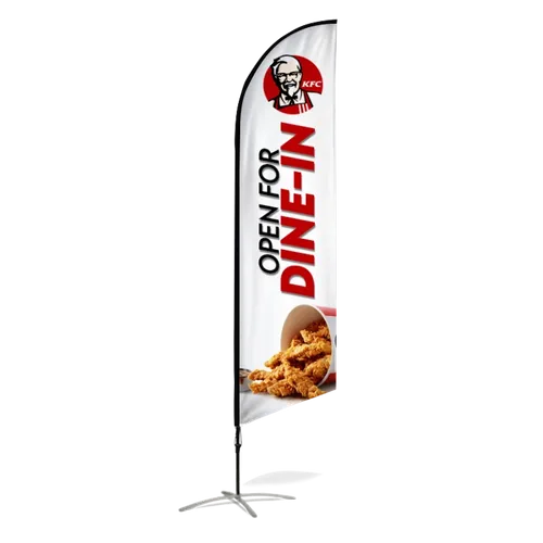 A vertical promotional banner displaying 'KFC OPEN FOR DINE-IN' alongside images of food, anchored by a metal stand.