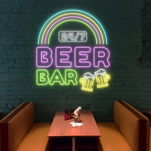 24/7 Rainbow Beer Bar Neon Sign - Custom Coasters Now