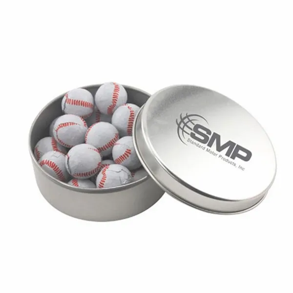 Round Tin with Chocolate Baseballs - SBF3000 - Custom Coasters Now