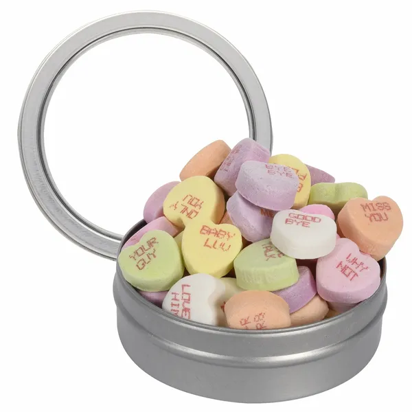 Short Round Tin with Conversation Hearts - Custom Coasters Now