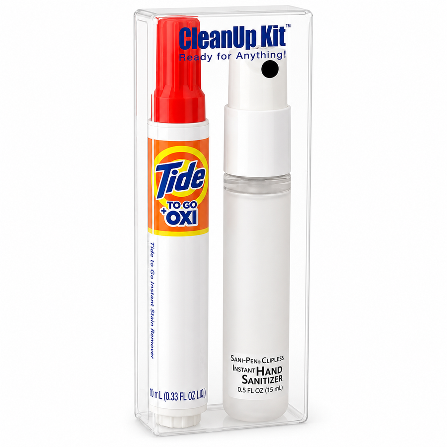 CleanUp Kit - Tide® to Go + Oxi and Sani-Pen® Clipless™ Travel Kits - Custom Coasters Now